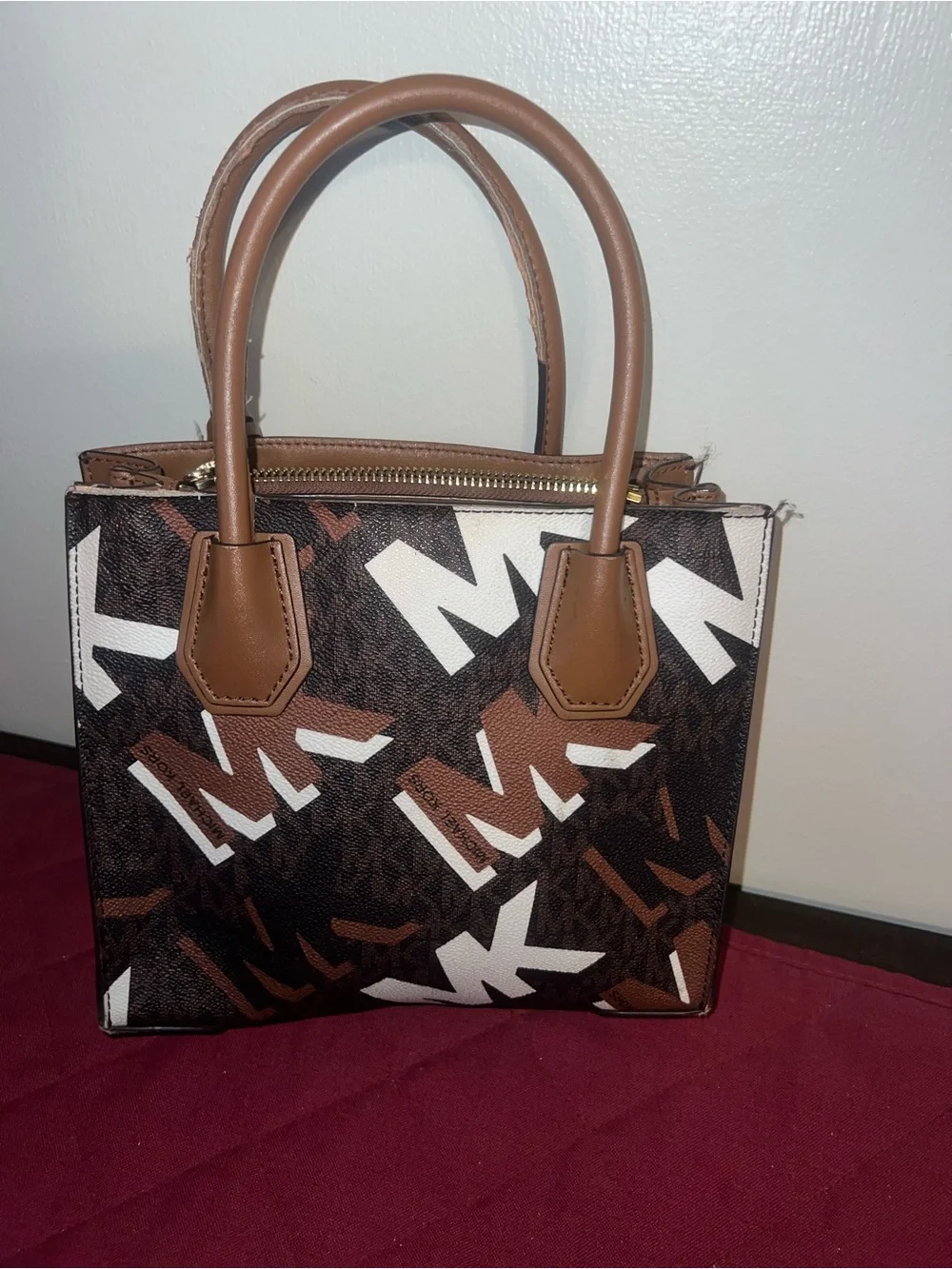 Michael Kors Brown, Tan and White Logo Satchel with Gold Charm
